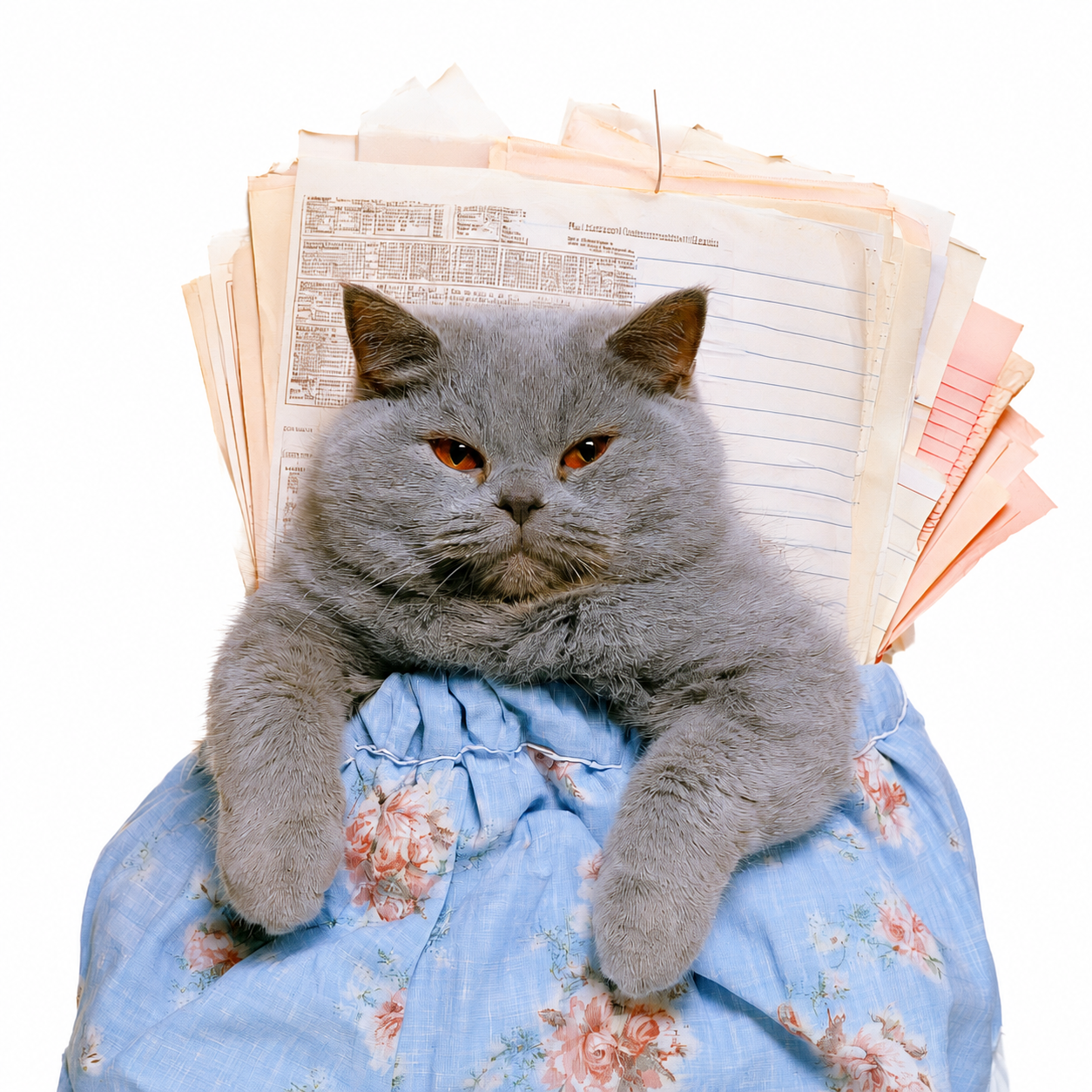 A British Shorthair cat carrying away administrative paperwork