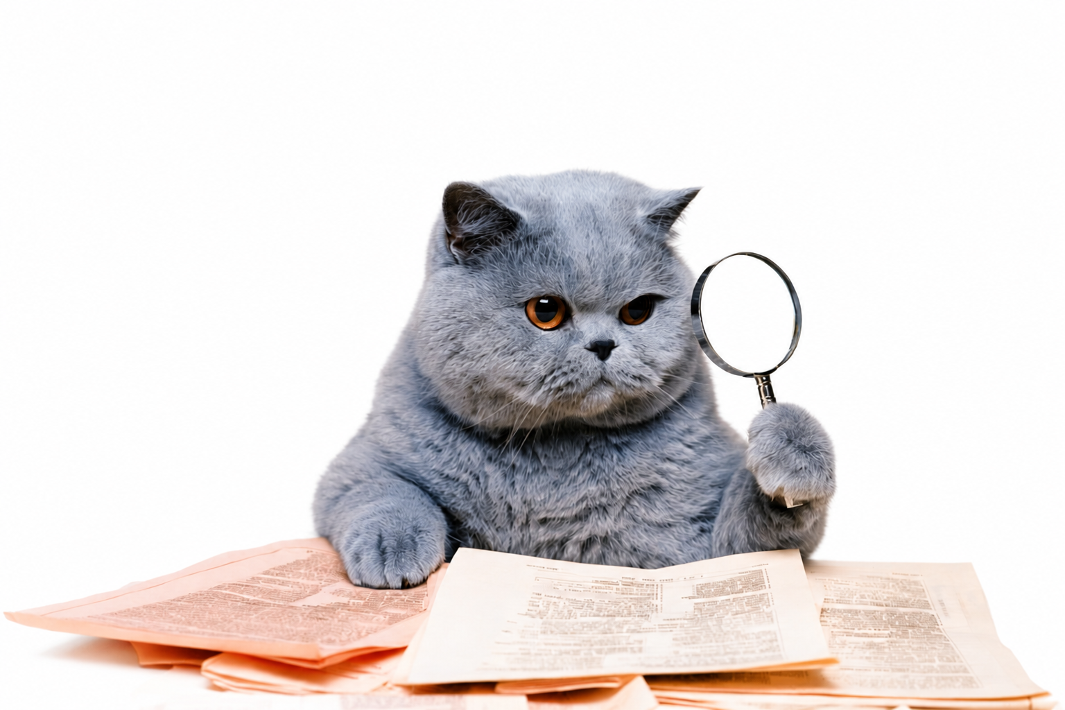A British Shorthair cat examining company documents