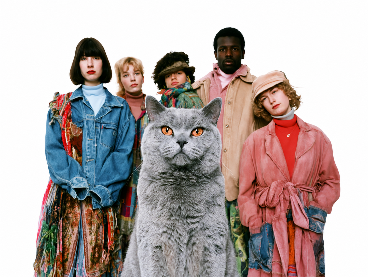 A British Shorthair cat confidently leading a team