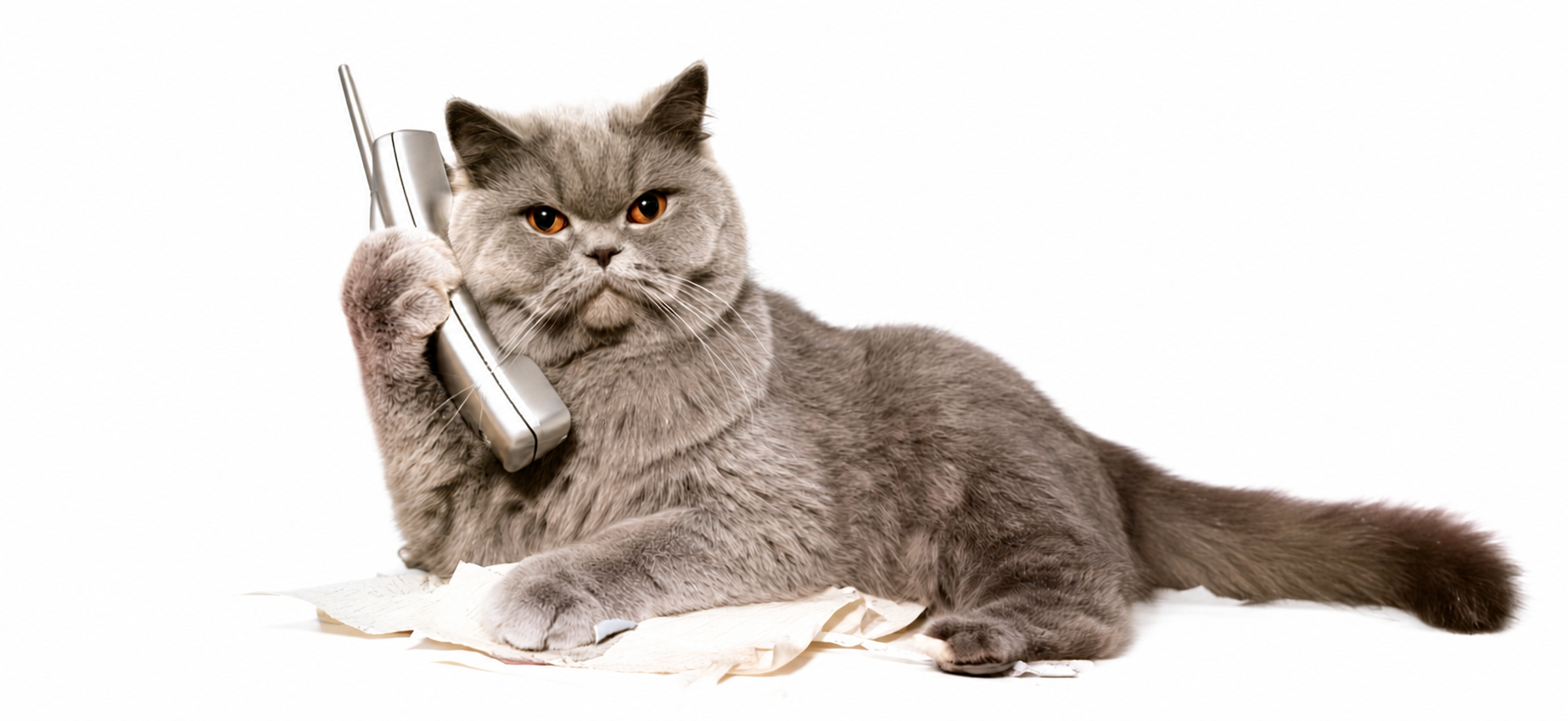 A British Shorthair cat answering a business phone