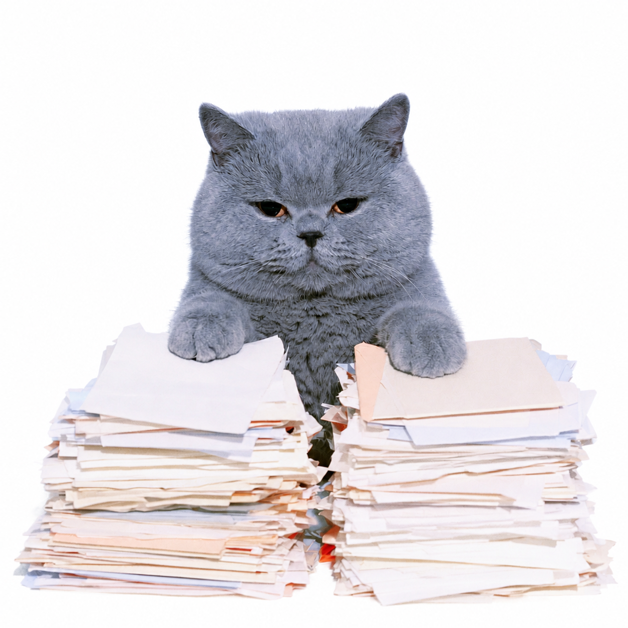 A British Shorthair cat sorting two piles of documents